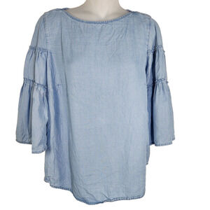J Jill Denim Top XS Petite Chambray Tiered Ruffle Bell Sleeve Tencel Lyocell Blu